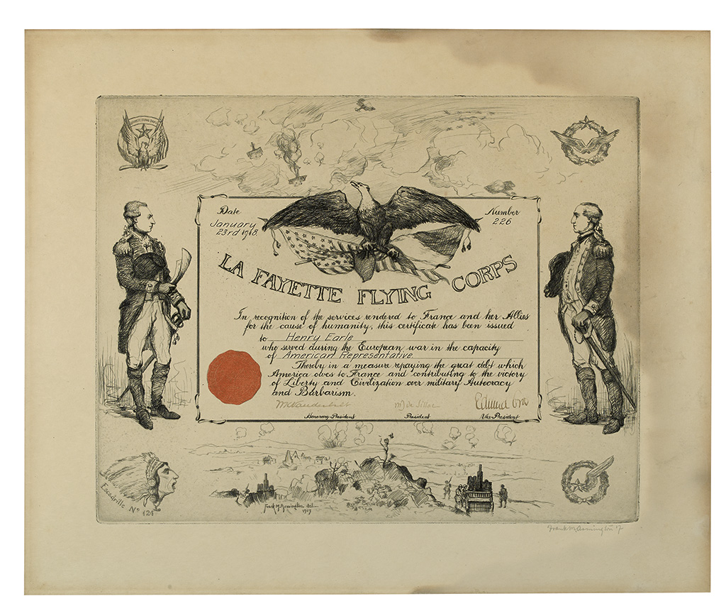 (WORLD WAR ONE.) La Fayette Flying Corps certificate.